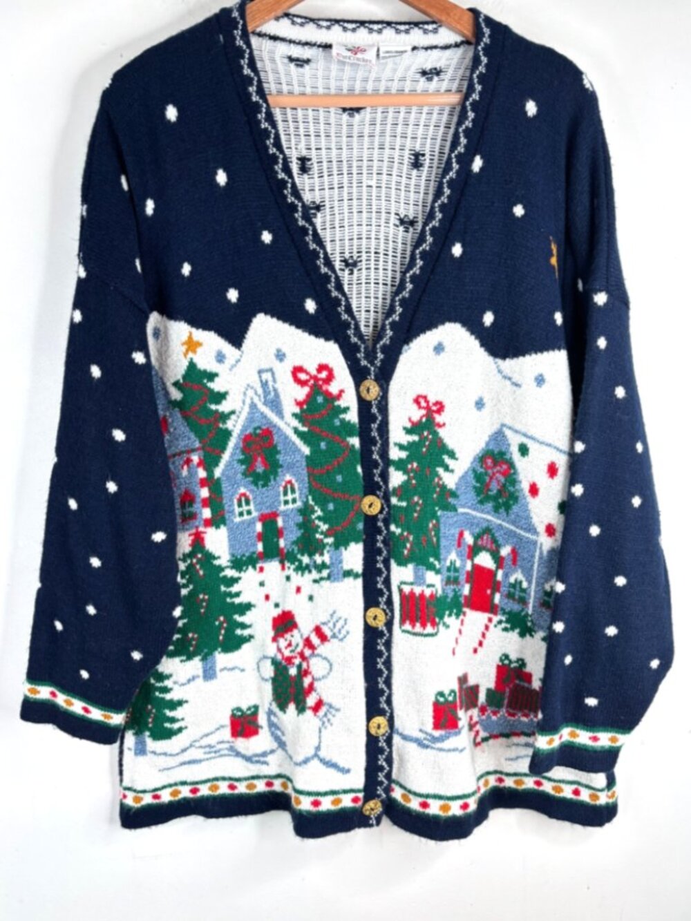 VTG 90s Nutcracker Christmas Cardigan Sweater L Blue Snowman Granny Cottage Ugly